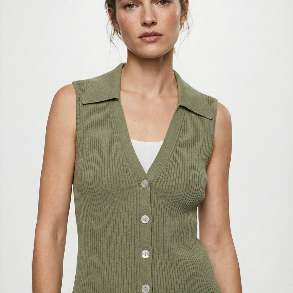 Mango Olive Green Sleeveless Ribbed Top